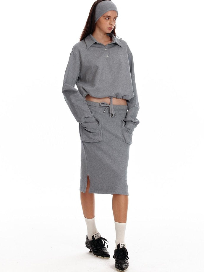 ALINNVSTUDIO Cropped Loose Fit Polo Collar Long Sleeve Commuter Solid Color Sweatshirt