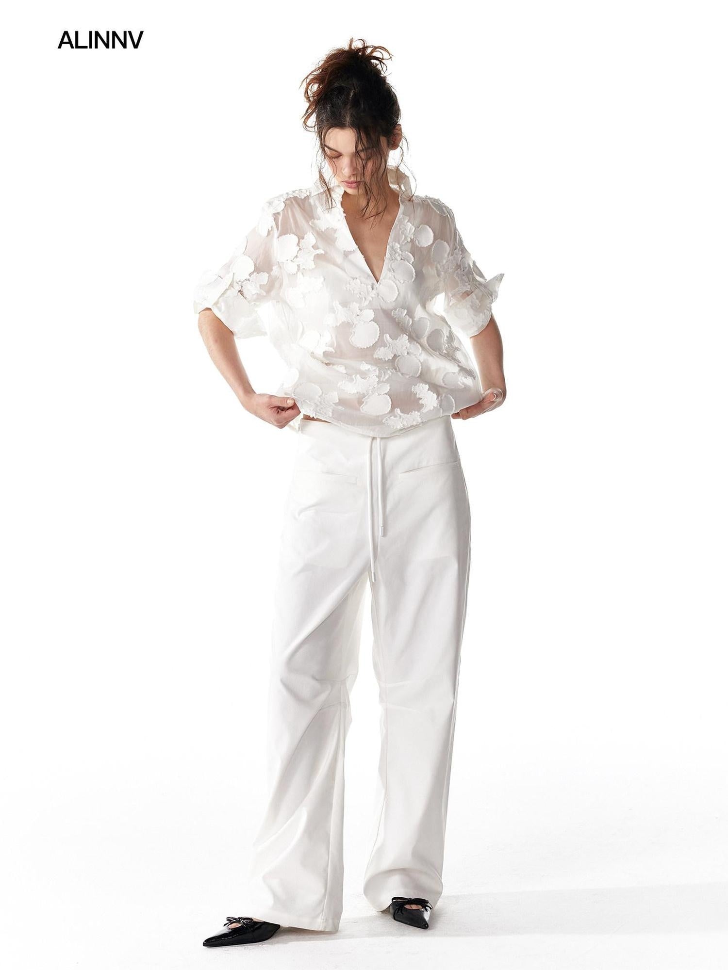 ALINNVSTUDIO Original Design Loose V-neck Short Sleeve Button Front Women Solid White Blouses