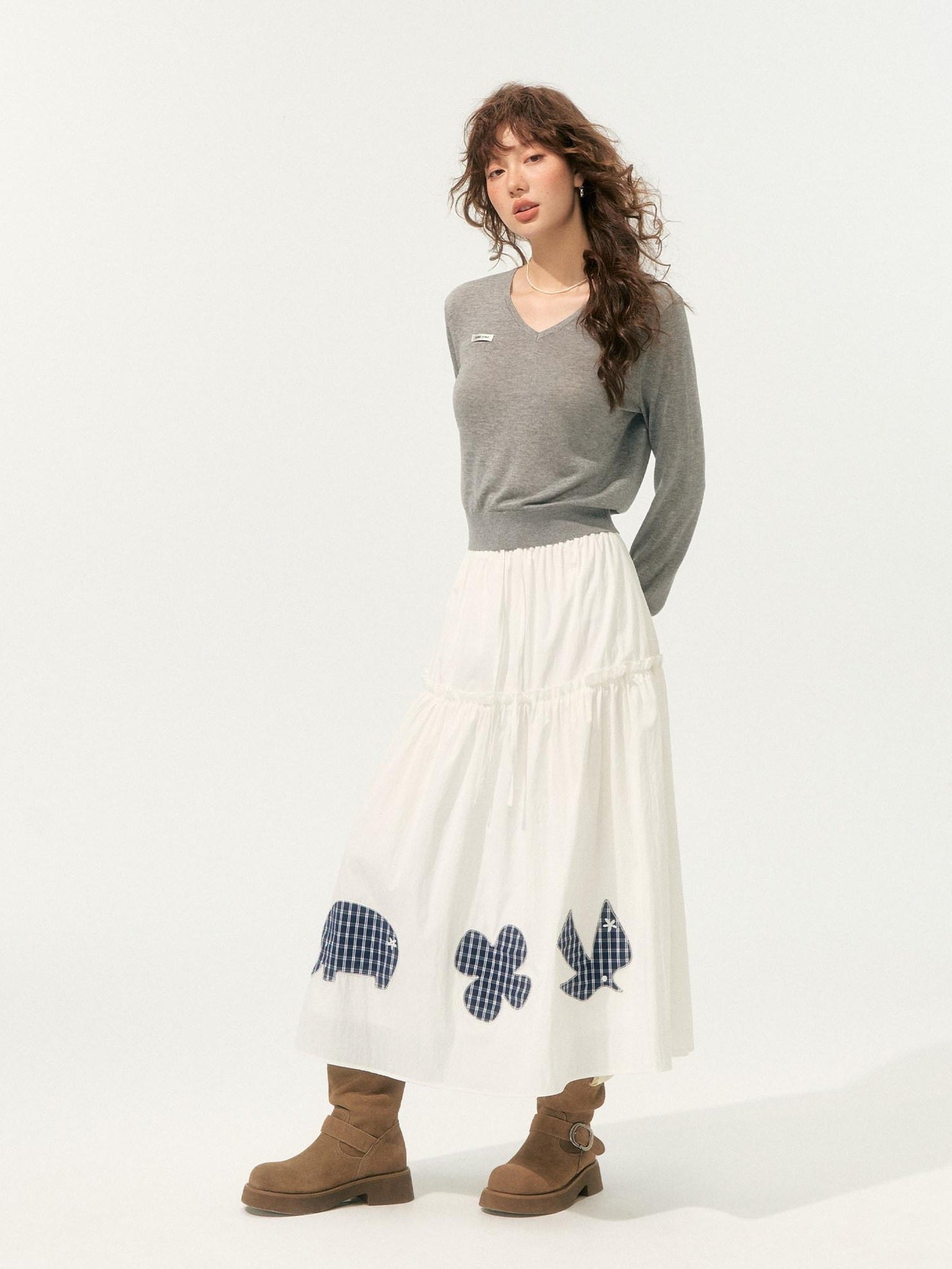 SOMESOWE High Waist French A Line Patch Detail Loose Fit Casual White Maxi Skirts