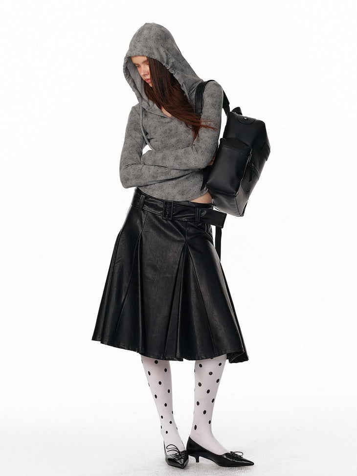 ALINNVSTUDIO Versatile Pu Belted Low Waist Flared Loose Fit Women Citywalk Black Midi Skirts