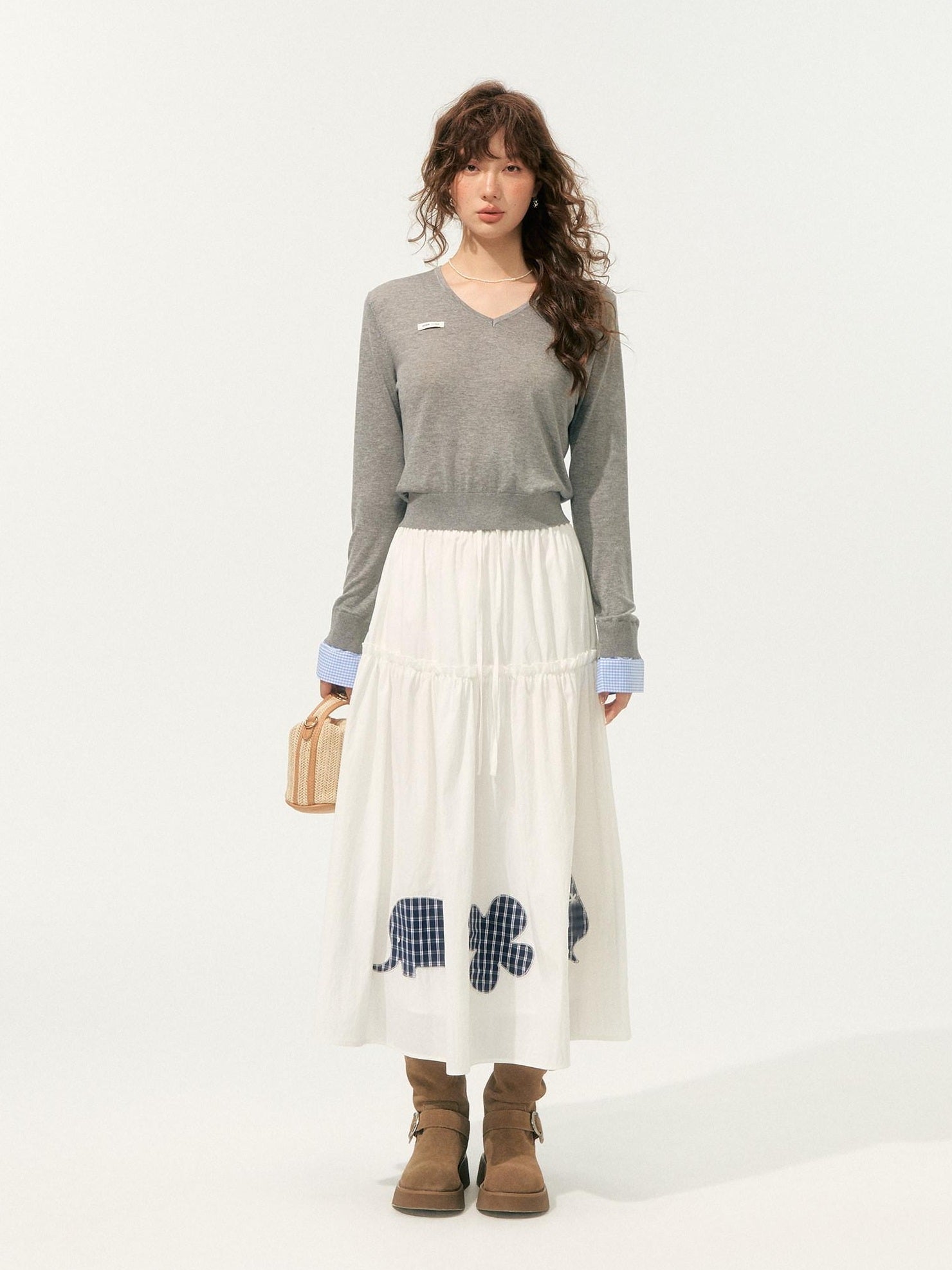 SOMESOWE High Waist French A Line Patch Detail Loose Fit Casual White Maxi Skirts