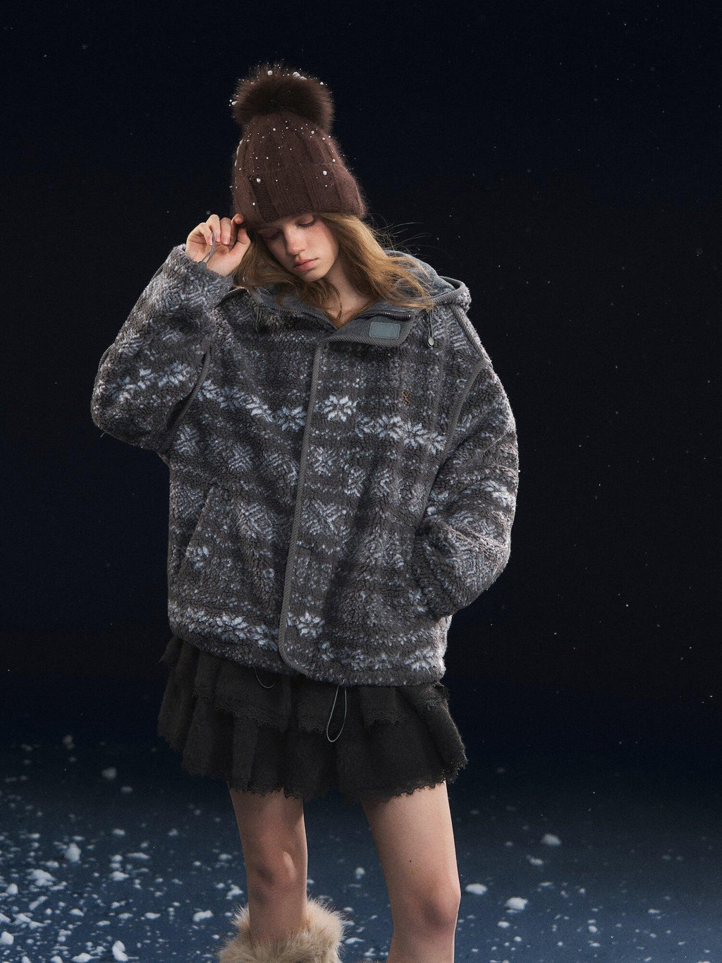 SOMESOWE Cozy Fleece Oversized Hooded Women Outdoor Zip Geometric Gray Jackets
