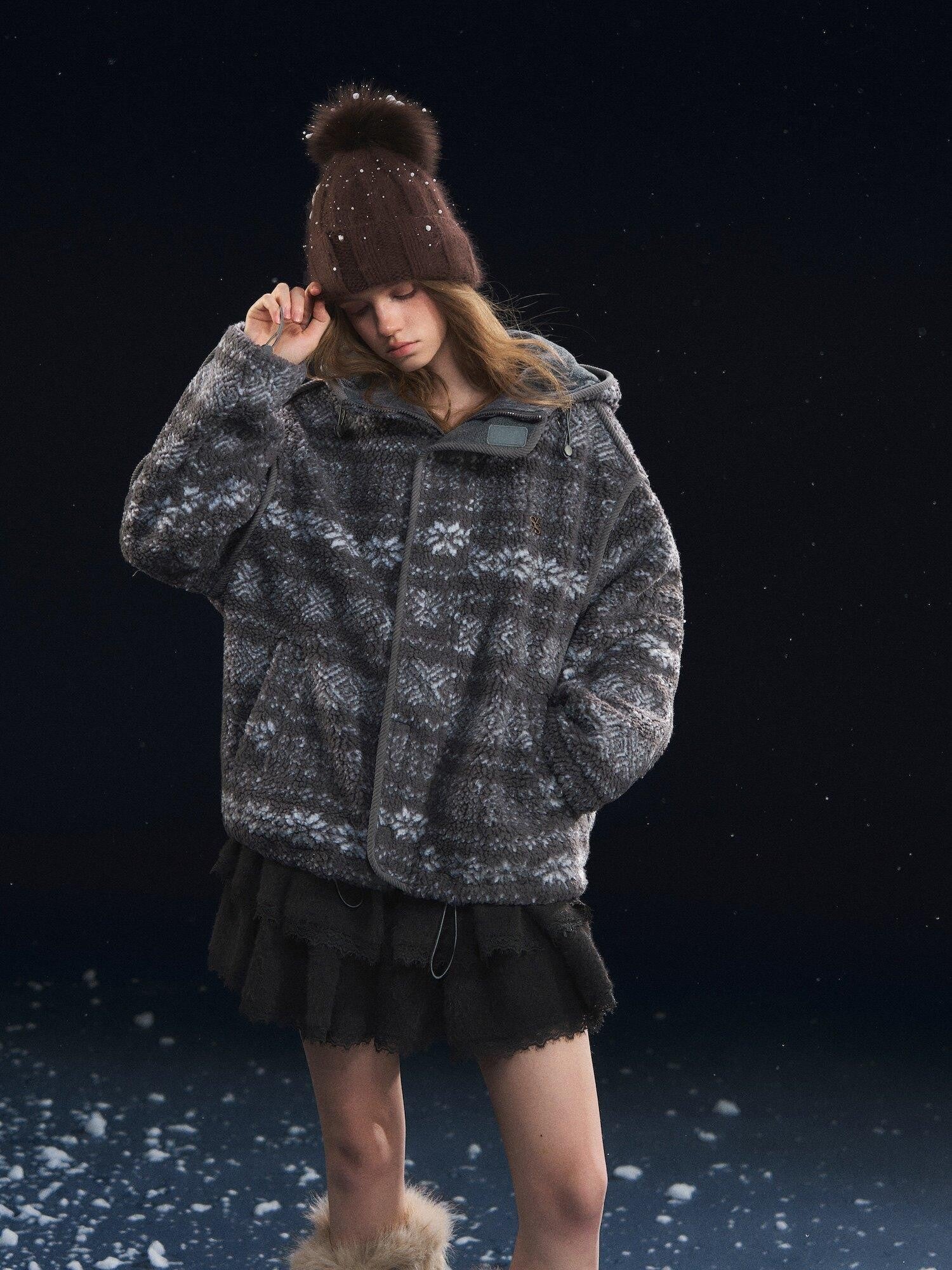 SOMESOWE Cozy Fleece Oversized Hooded Women Outdoor Zip Geometric Gray Jackets