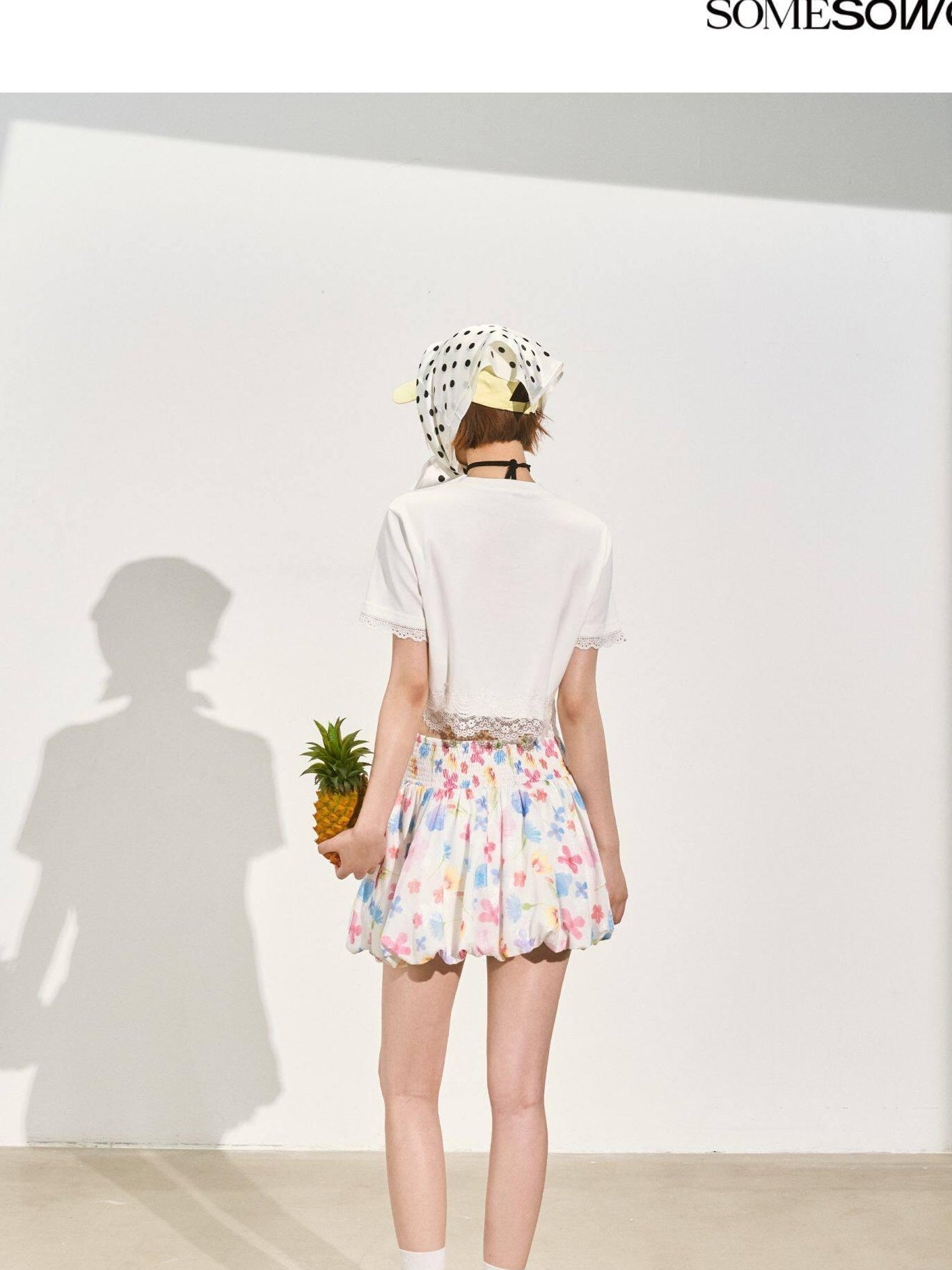 SOMESOWE Pleated A Line Mid Waist Loose Fit Casual Floral Pink Polyester Mini Skirts