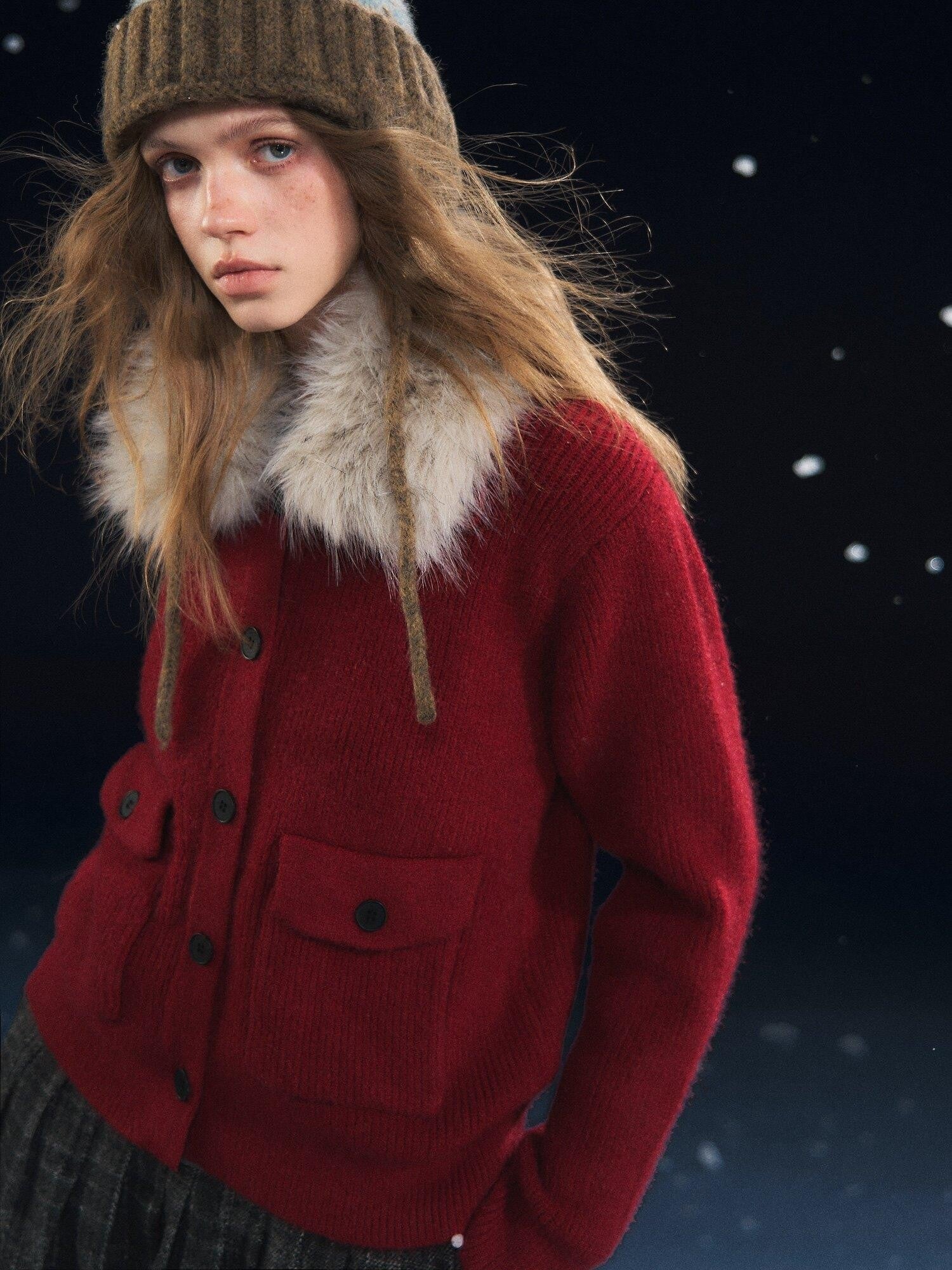 SOMESOWE Cozy Knit Fruit Lapel Button Casual Women Red Oatmeal Cardigans