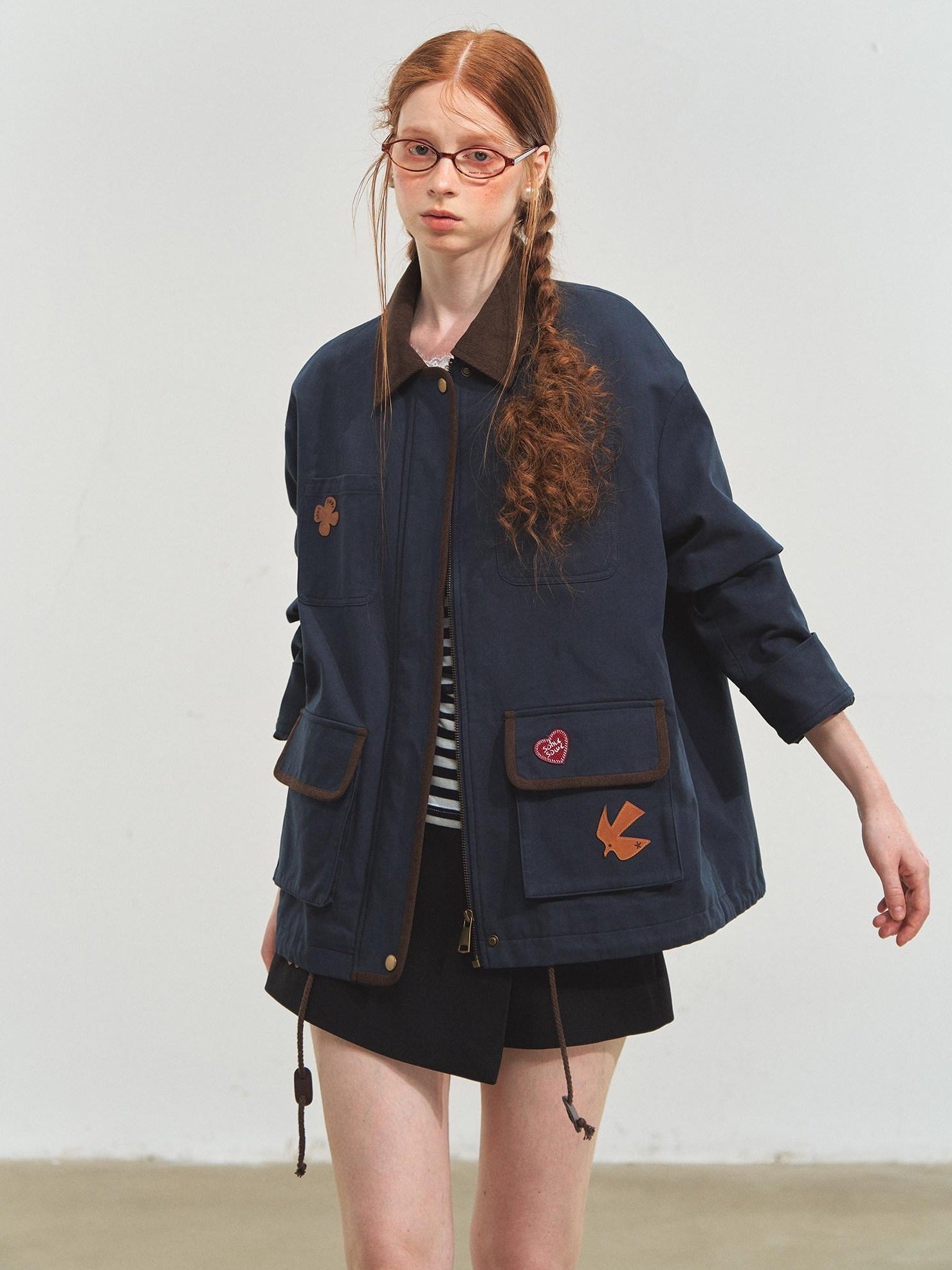 SOMESOWE Everyday Casual Loose Fit Flap Pocket Zip Front Women Khaki Navy Bomber Jackets