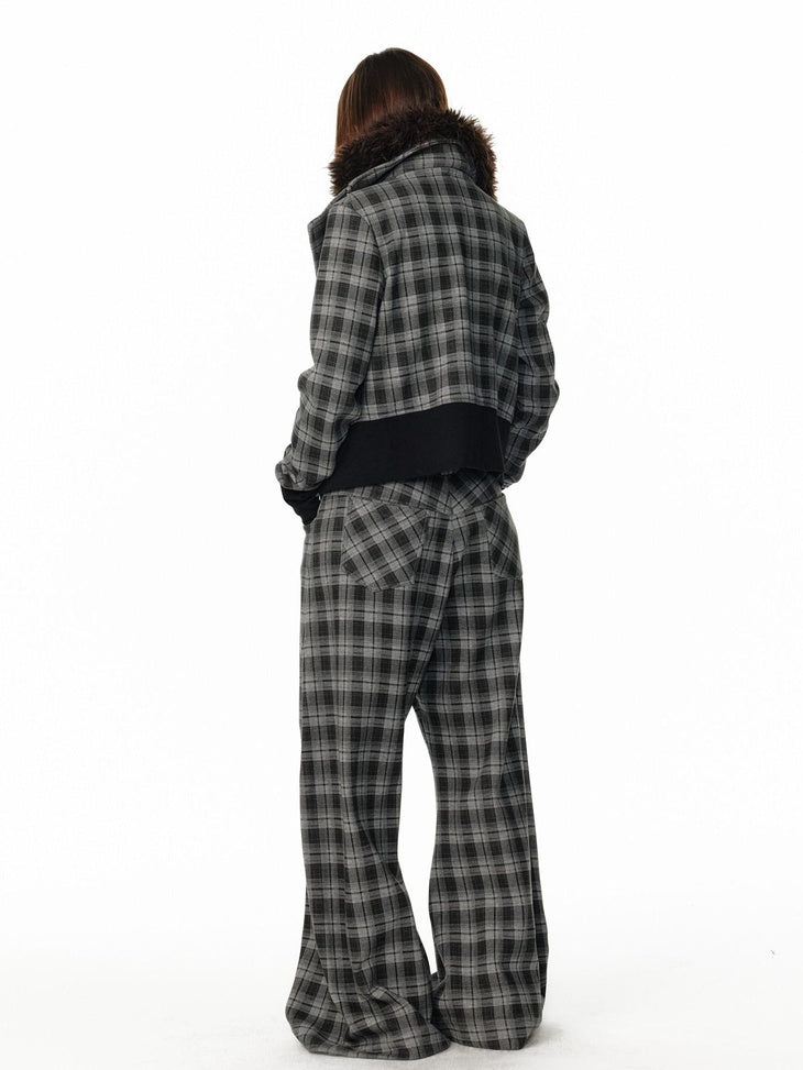 ALINNVSTUDIO Plaid Low Rise Loose American Style Zipper Front Women Wide Leg Pants