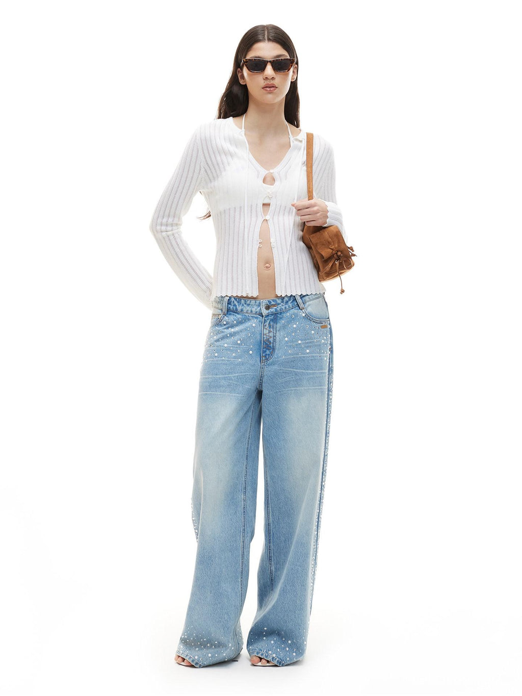 NAWSNOTAWEAR Rhinestone Embellished Vintage Low Waist Glacier Blue Wide Leg Jeans
