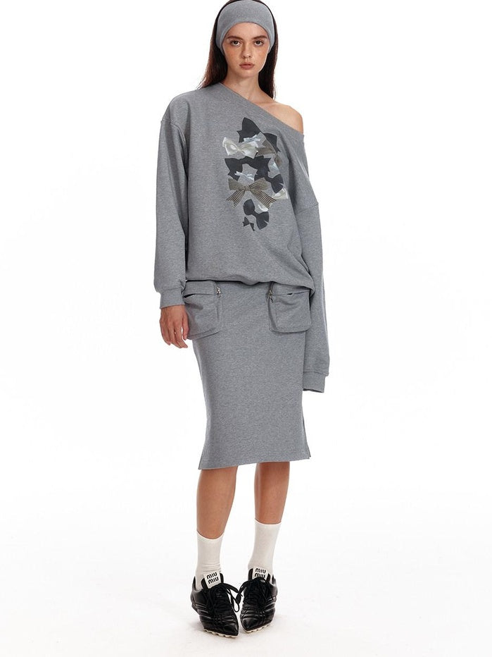 ALINNVSTUDIO Bow Accent Loose Fit Office Round Neck Women White And Gray Sweatshirt