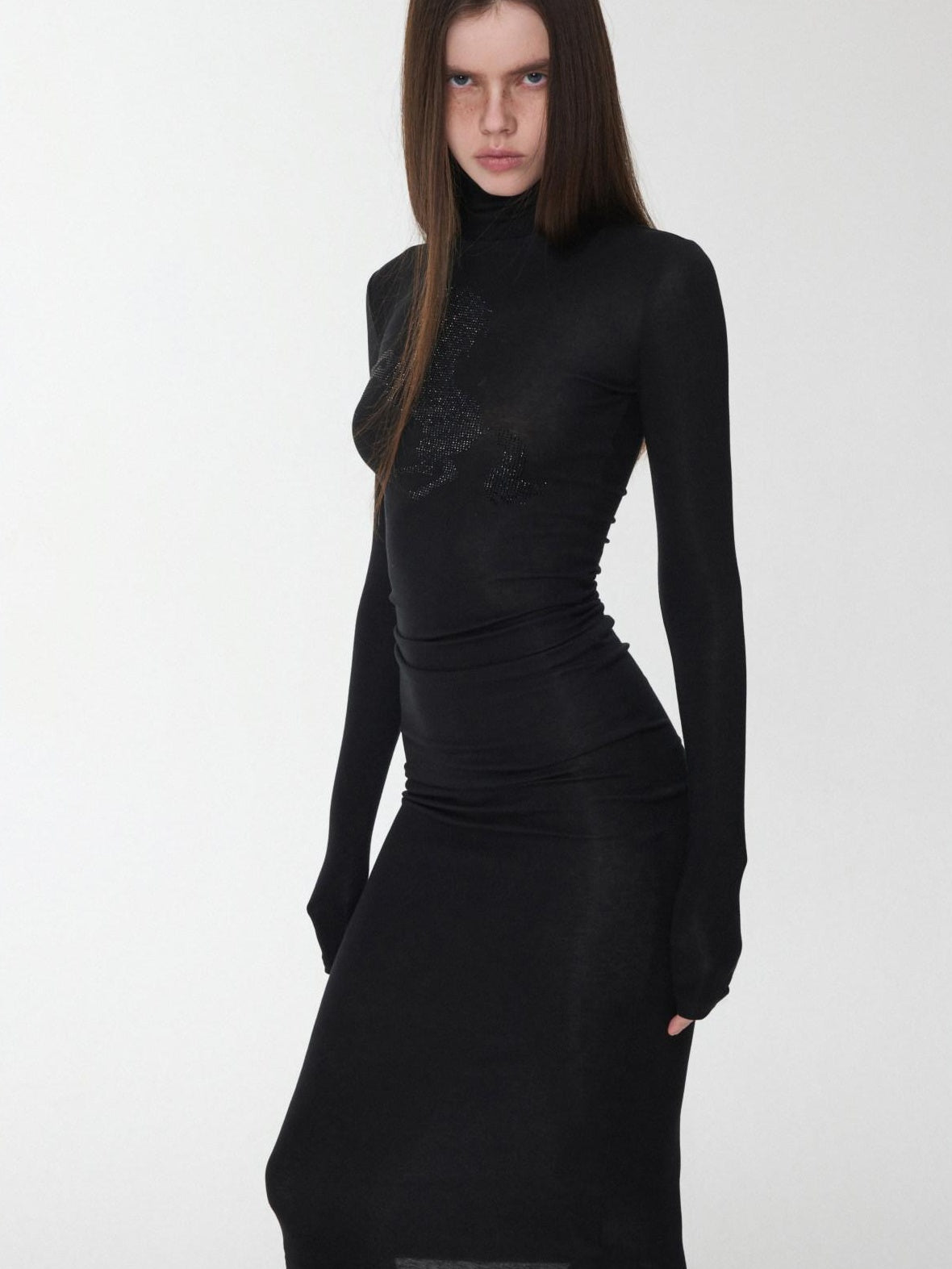 1JINN STUDIO Lyocell Wool Blend Turtleneck Long Sleeve Slim Fit Casual Women Mini Dresses