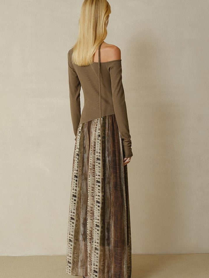 someonesometimes Chiffon Ruched Oil Painting Ombre One Shoulder V-neck A Line Girls Maxi Dresses