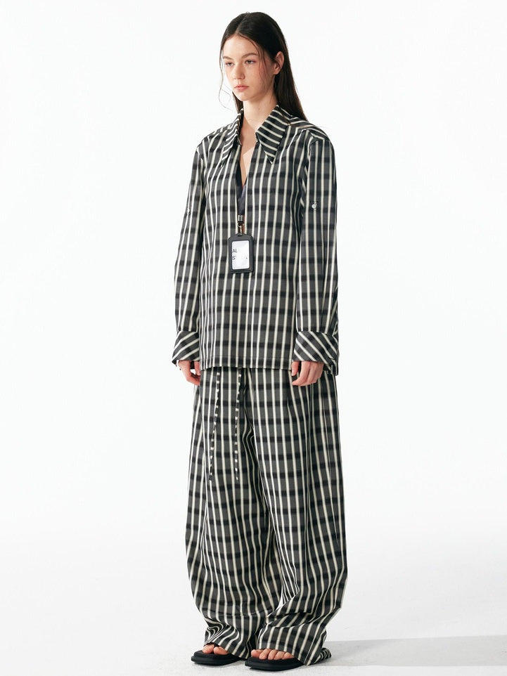 ALINNVSTUDIO Minimalist Loose Fit Square Neck Plaid Pullover Women Top & Pants Sets