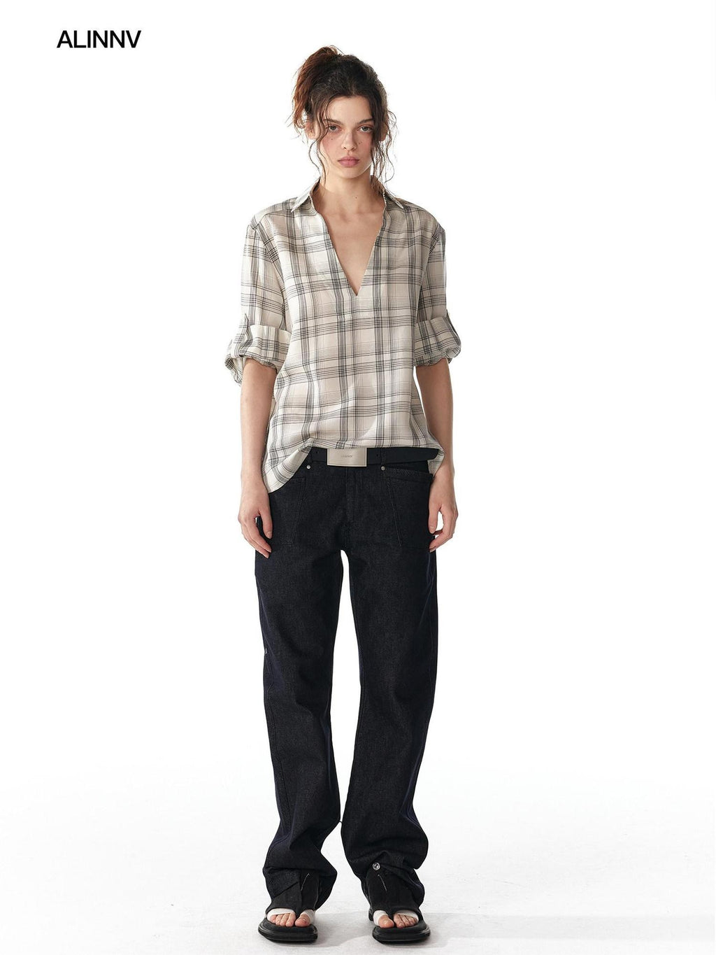 ALINNVSTUDIO Soft Lyocell Cupro Blend Oversized V-neck Button Front Plaid Casual Shirts