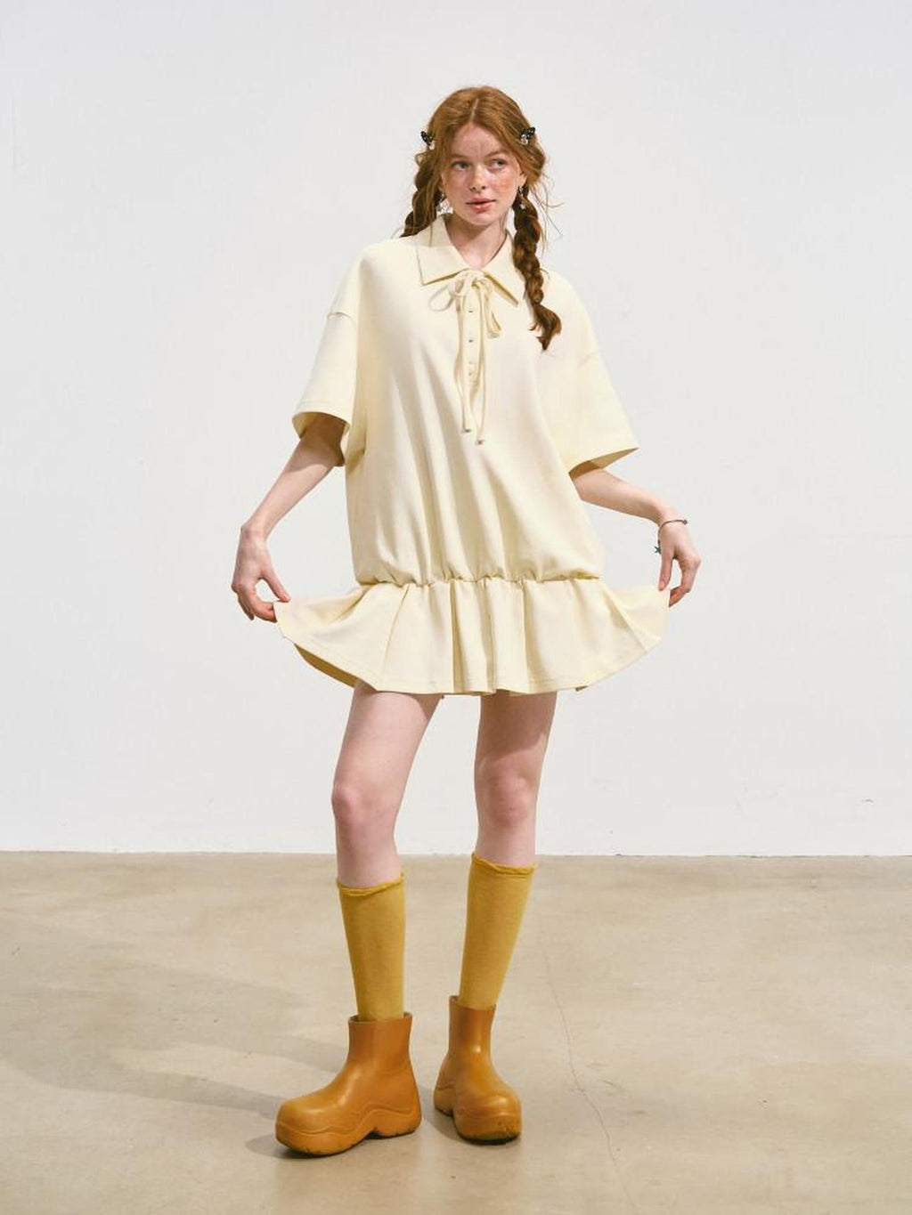 SOMESOWE Cotton Blend Minimal Tie A Line Tee Office Beige Mini Dresses