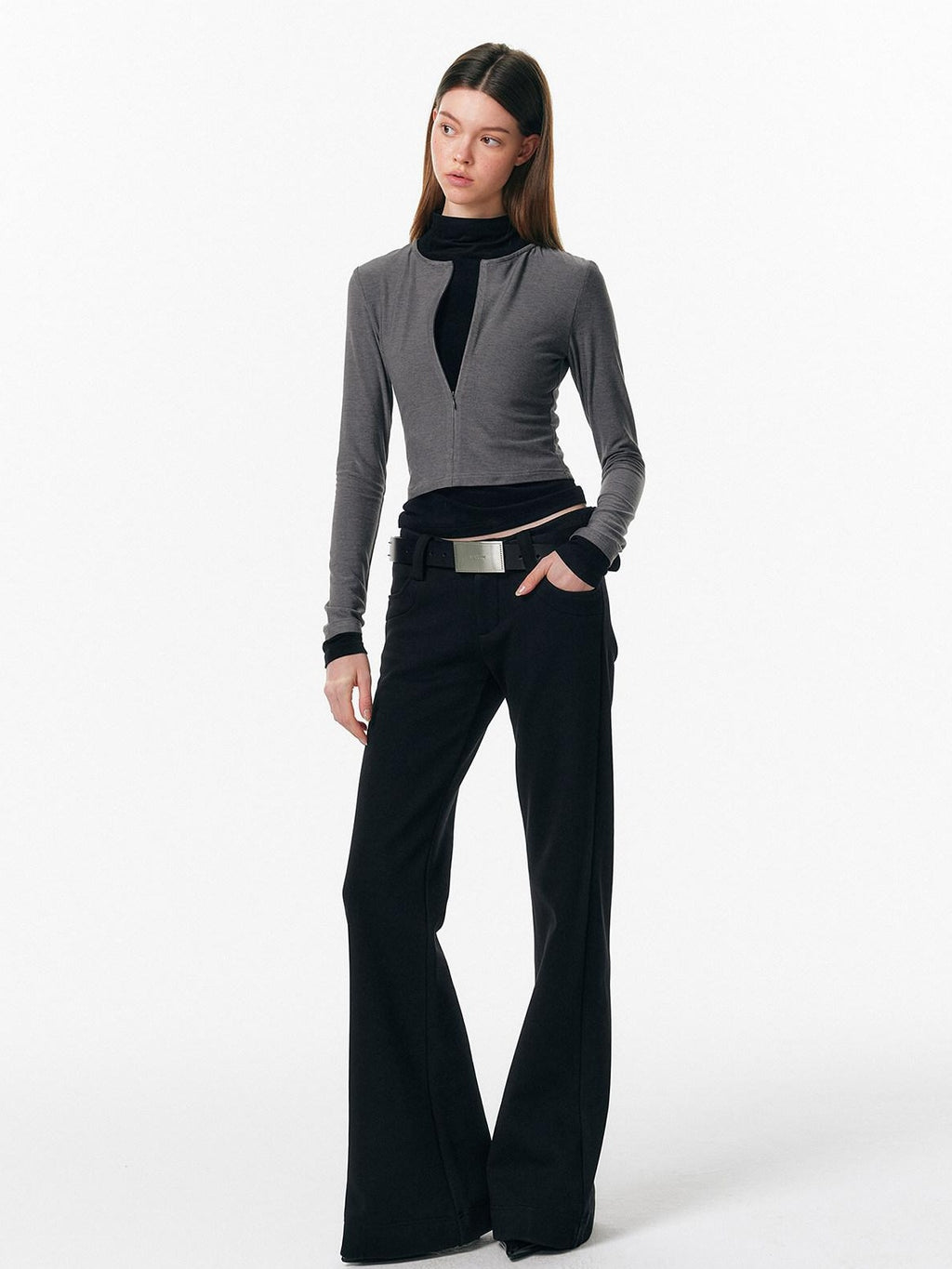 ALINNVSTUDIO Soft Zipper Slim Fit Short Collar Office Ladies Contrast Long Sleeve T-Shirts