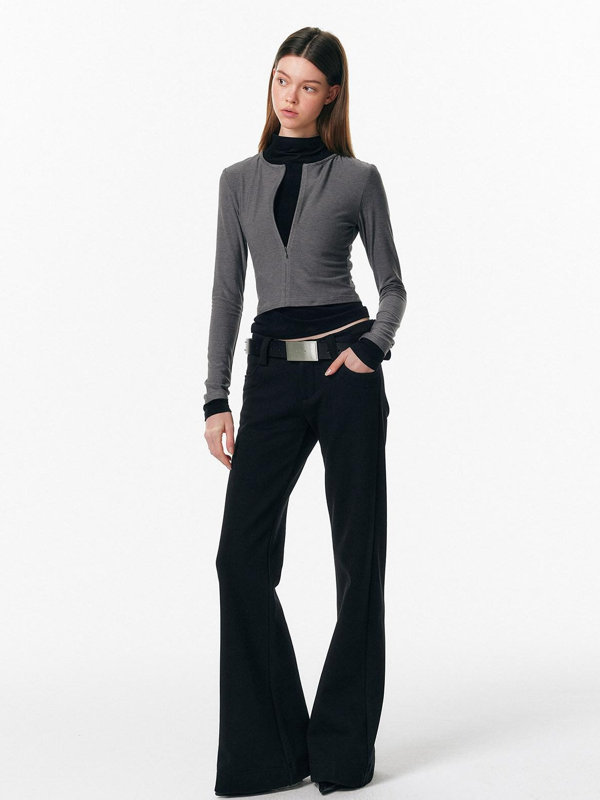 ALINNVSTUDIO Soft Zipper Slim Fit Short Collar Office Ladies Contrast Long Sleeve T-Shirts