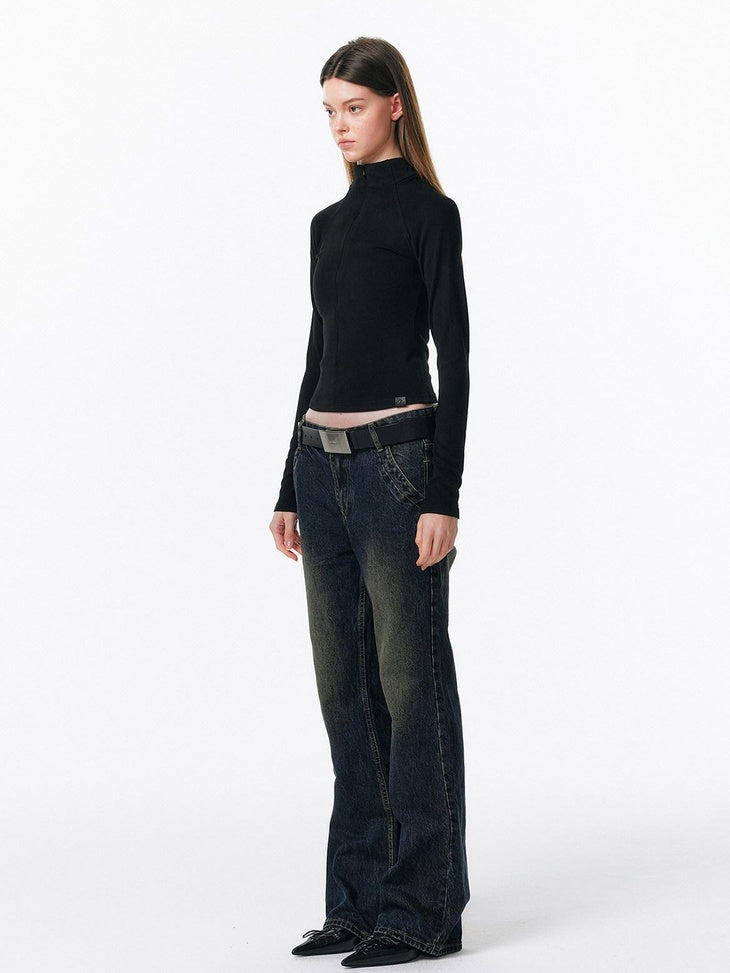 ALINNVSTUDIO Zip Half Collar Slim Commuter Ladies Black Olive Long Sleeve T-Shirts