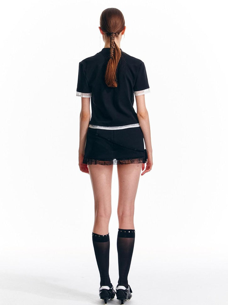 ALINNVSTUDIO Cropped Slim Fit Black White Contrast Patchwork Edgy Women Short Sleeve T-Shirts