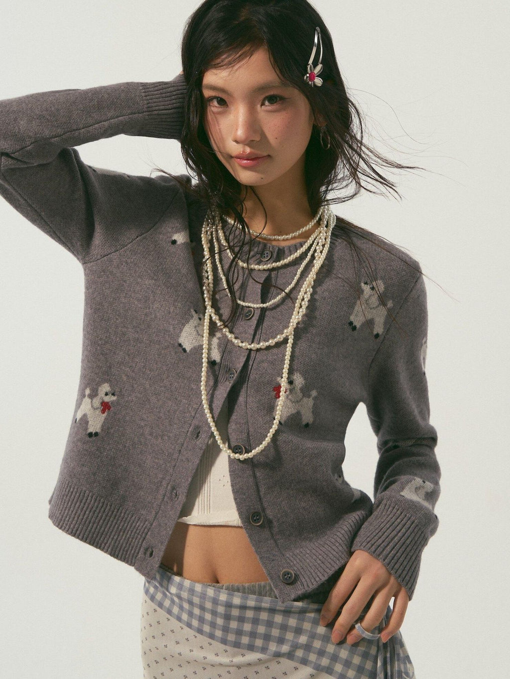 SOMESOWE Soft Acrylic Blend Animal Print Buttoned Crewneck Casual Women Grey Cardigans