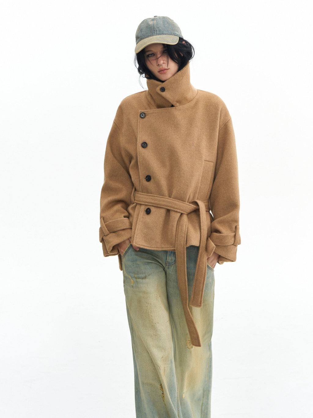 DeleteEx Thick Half Wool Blend American Cropped Lapel Young Women Khaki Wool Coats