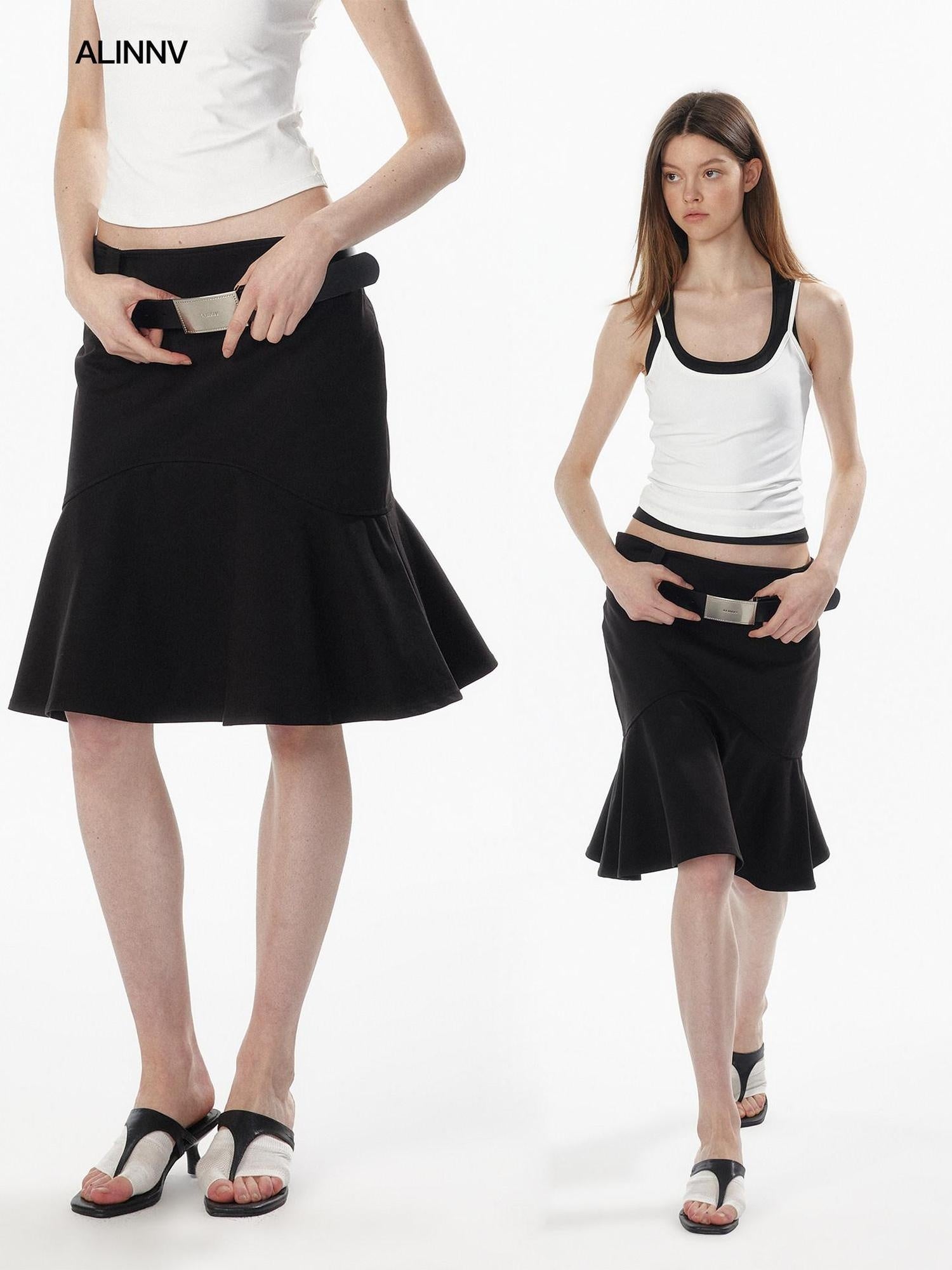 ALINNVSTUDIO Lined Wide Waistband Fishtail Mermaid Back Zipper Women Black Denim Midi Skirts