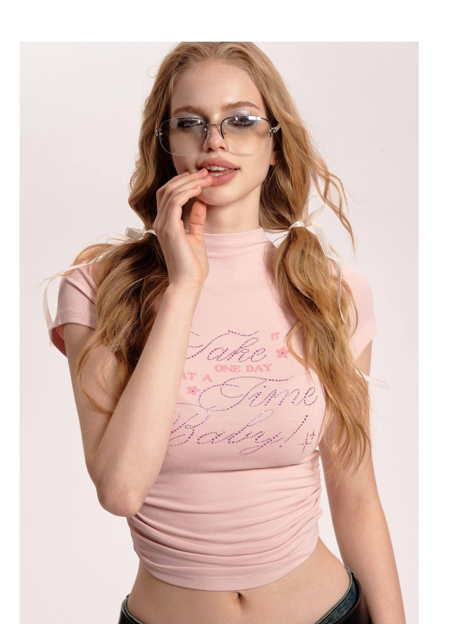 DeleteEx Ruched Cotton Slim Fit Office Ready Short Sleeve Crew Neck Women Basic Crop Tops