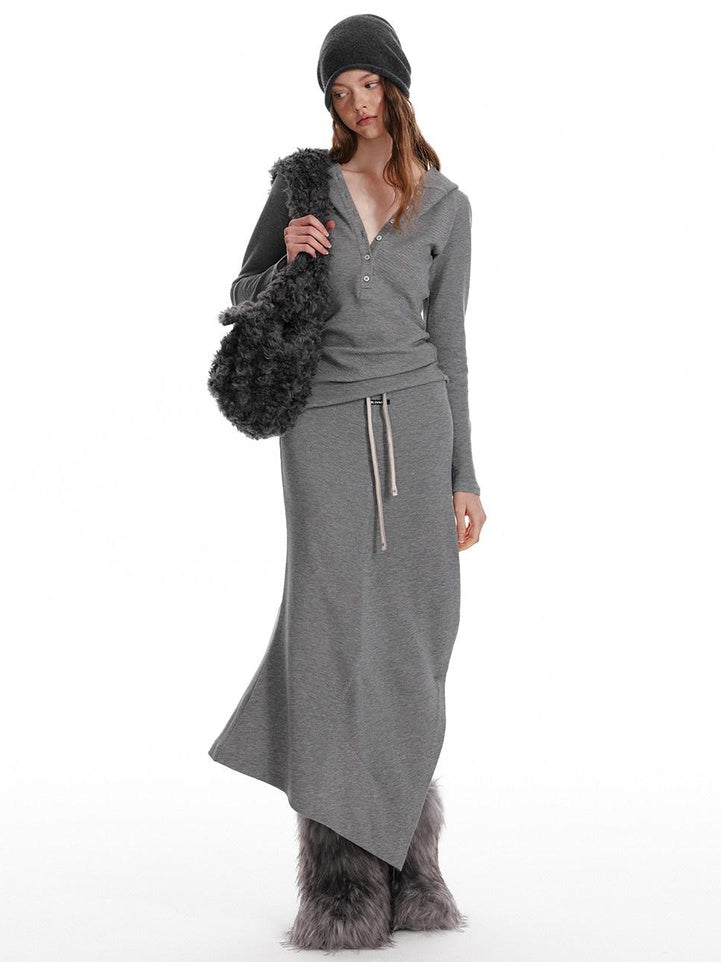 ALINNVSTUDIO Cozy Hooded Long Sleeve Button Front Curved Hem Youth Gray Top & Skirt Sets
