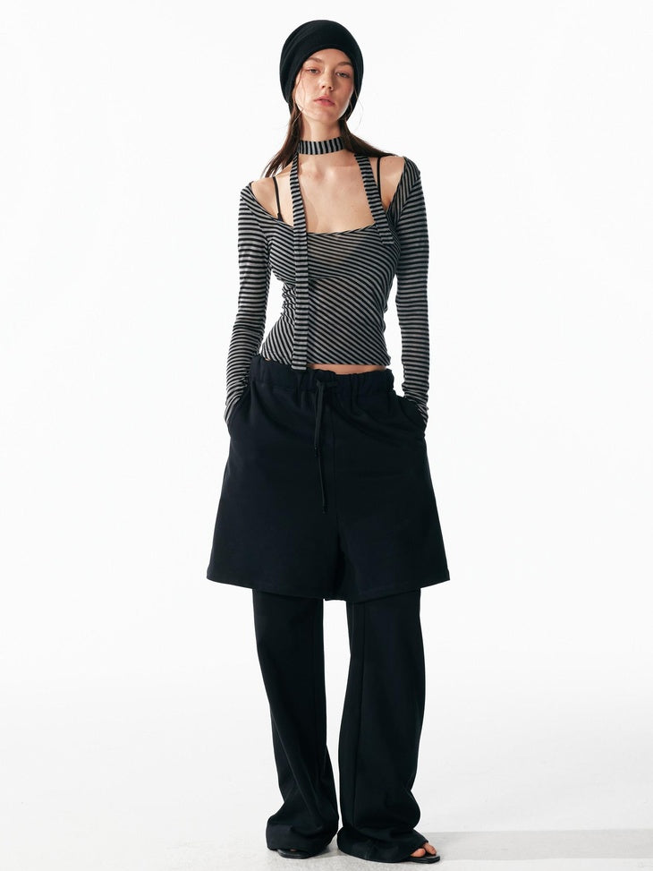 ALINNVSTUDIO Wool Blend Slim Fit Cropped Crewneck Striped Women Long Sleeve T-Shirts