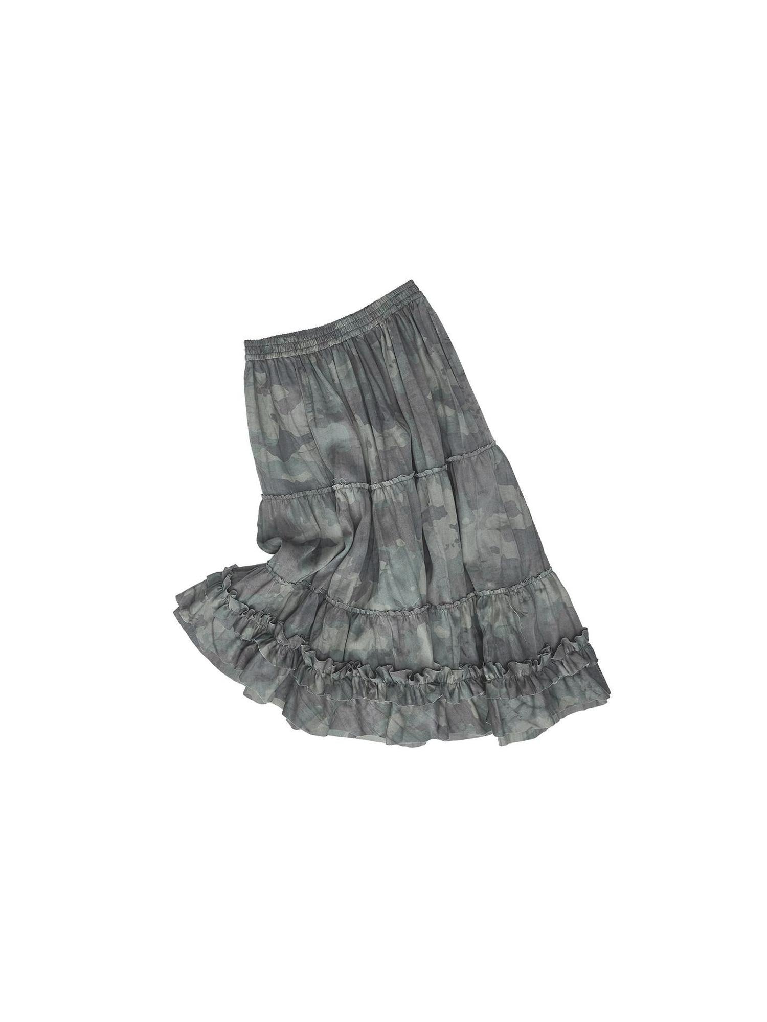 1JINN STUDIO Soft Lyocell Shirred Tiered Casual Women Camouflage Green Midi Skirts