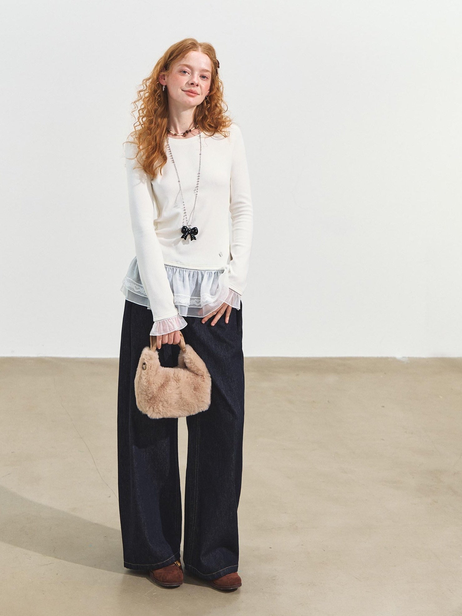 SOMESOWE Pleated Casual Natural Waist Loose Cotton Pocket Zip Blue Women Wide Leg Jeans