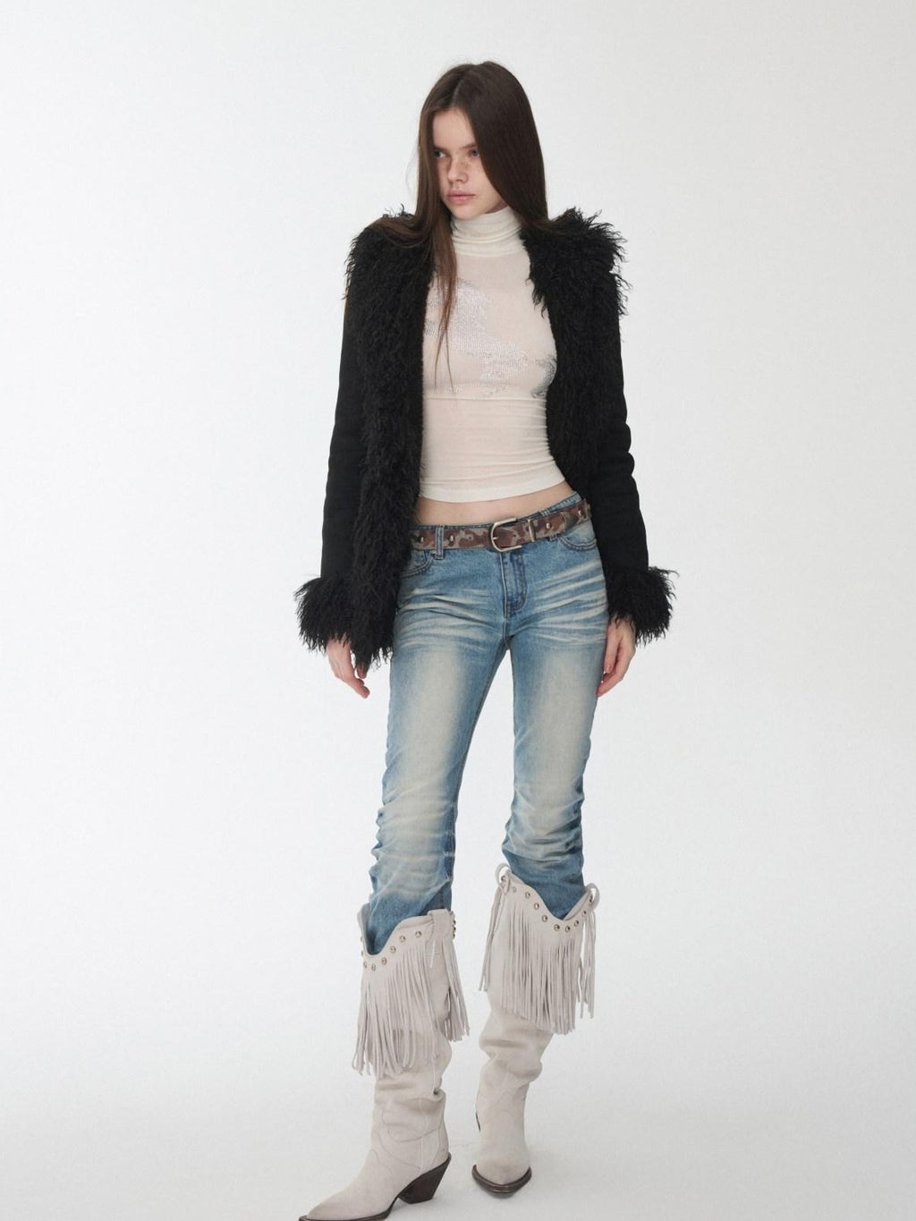 1JINN STUDIO Cozy Cropped Slim Fit Casual Crew Neck Women Black Camel Faux Fur Coats