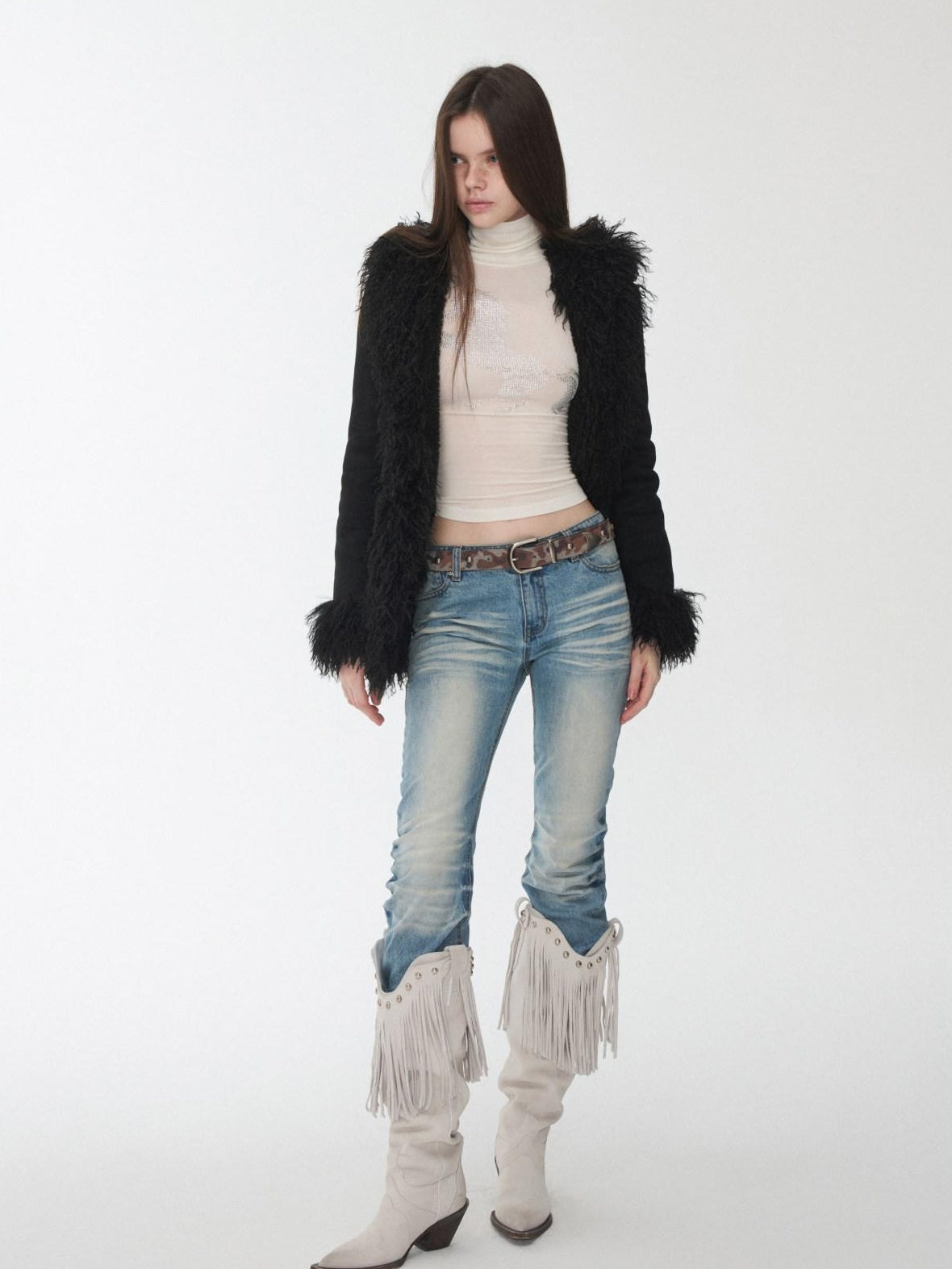 1JINN STUDIO Cozy Cropped Slim Fit Casual Crew Neck Women Black Camel Faux Fur Coats