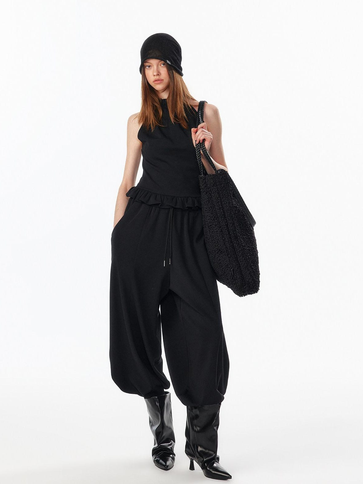 ALINNVSTUDIO Breathable Modal Loose Balloon Split Hem Natural Waist Women Black Sweatpants