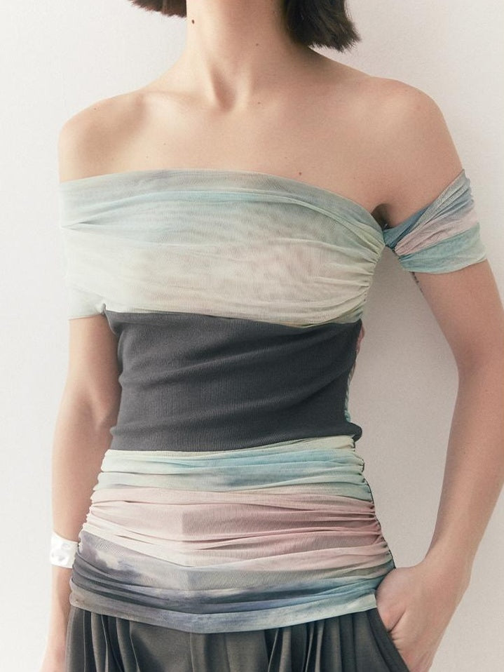 someonesometimes Tie Dye Slim Fit Minimal Commuter Viscose Blend Sleeveless Off Shoulder Crop Tops