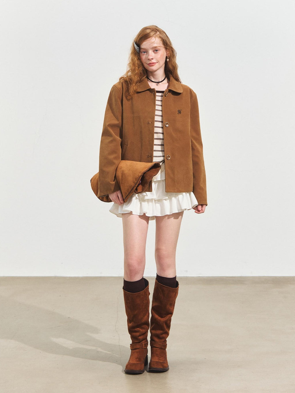 SOMESOWE Pu Leather Casual Loose Doll Collar Flap Pocket Camel Women Leather Jackets
