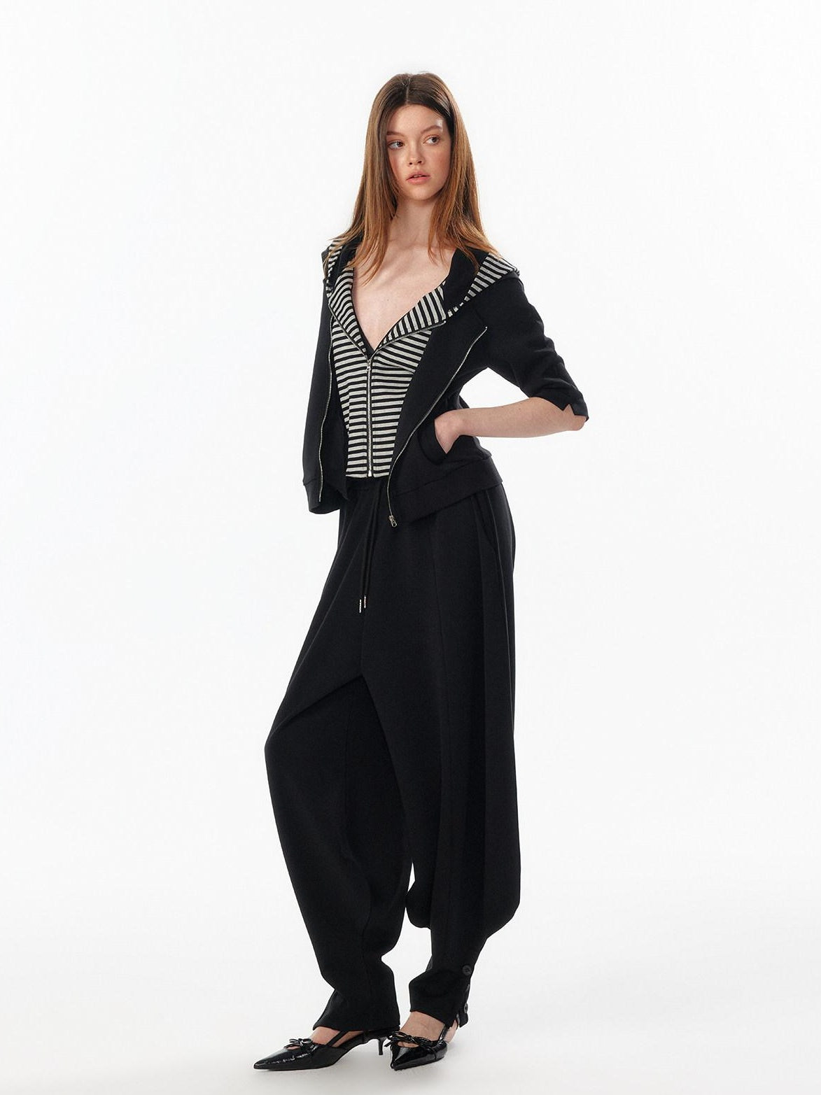 ALINNVSTUDIO Breathable Modal Loose Balloon Split Hem Natural Waist Women Black Sweatpants