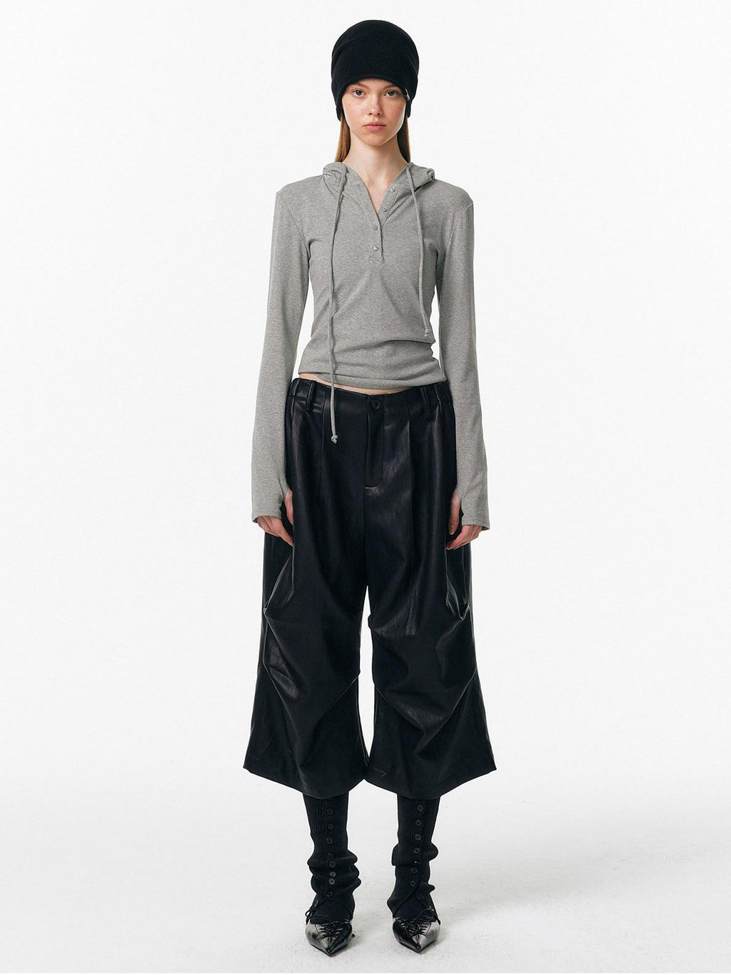 ALINNVSTUDIO Pu Pleated Low Waist Button Fly Irregular Fold Casual Women Black Wide Leg Pants
