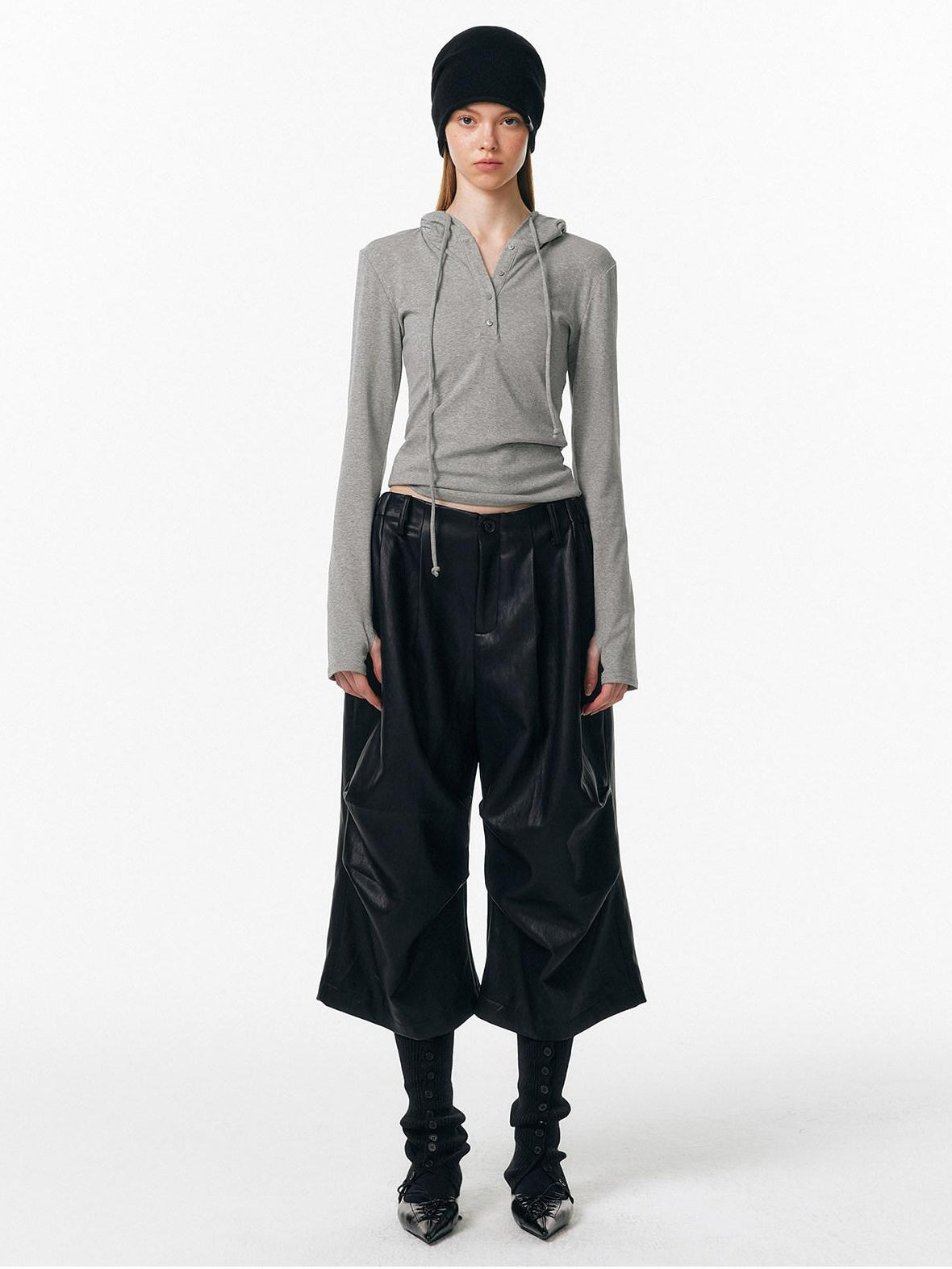 ALINNVSTUDIO Pu Pleated Low Waist Button Fly Irregular Fold Casual Women Black Wide Leg Pants