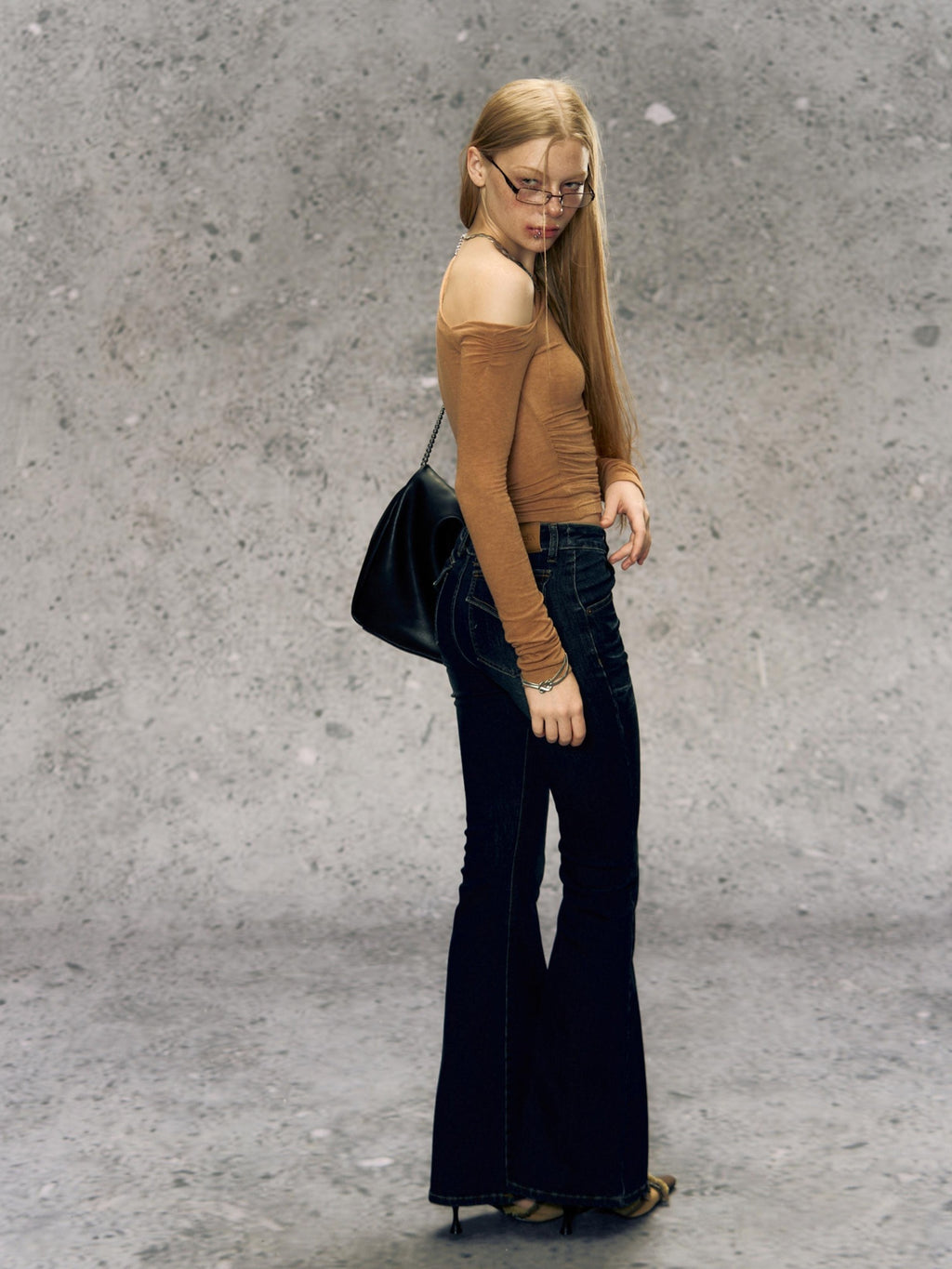 DeleteEx Office Chic Fitted Long Sleeve Asymmetric Neckline Off Shoulder Crop Tops