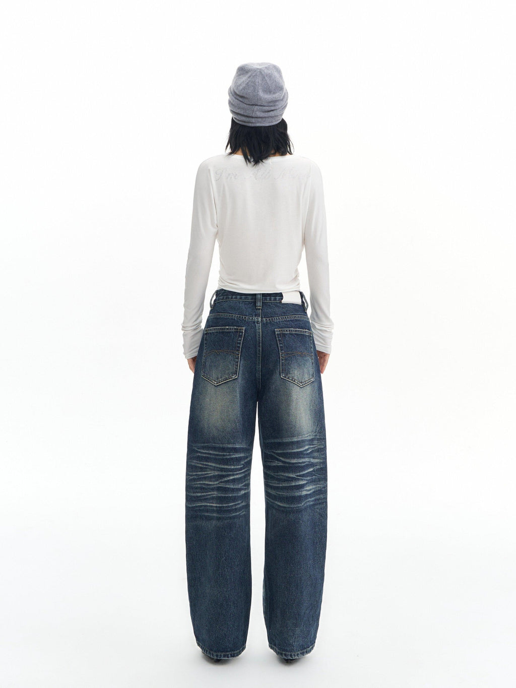 DeleteEx High Waist Mid Stretch Vintage Washed Loose Women Deep Blue Wide Leg Jeans