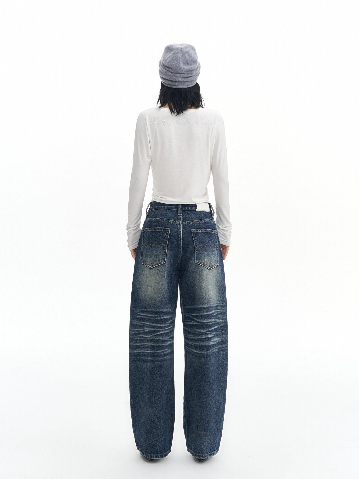 DeleteEx High Waist Mid Stretch Vintage Washed Loose Women Deep Blue Wide Leg Jeans