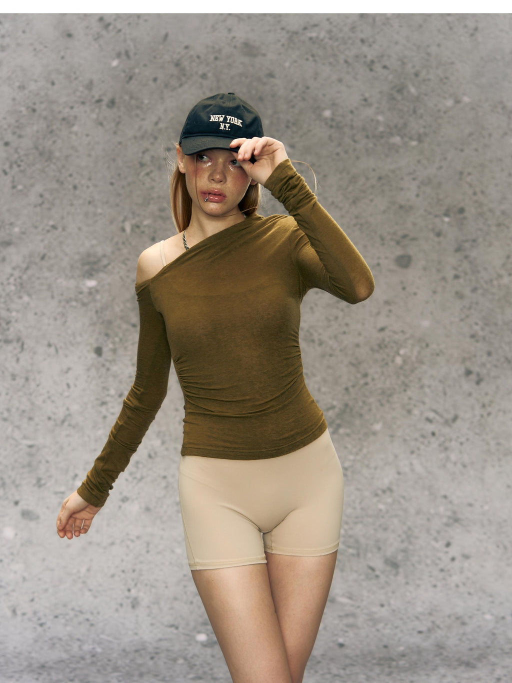 DeleteEx Office Chic Fitted Long Sleeve Asymmetric Neckline Off Shoulder Crop Tops
