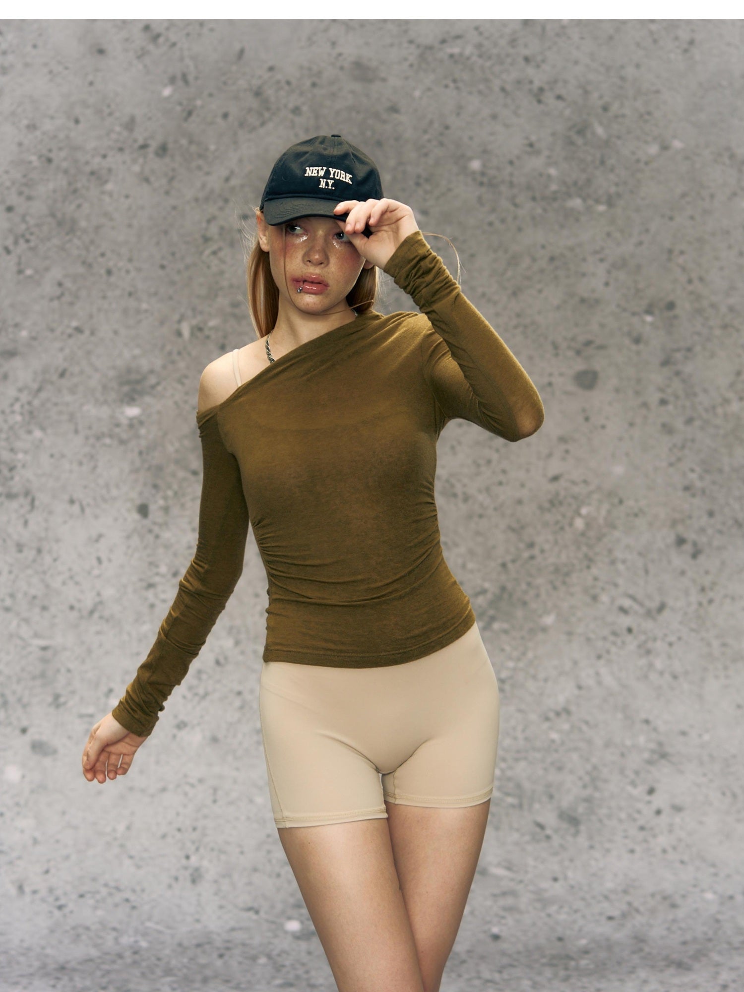 DeleteEx Office Chic Fitted Long Sleeve Asymmetric Neckline Off Shoulder Crop Tops