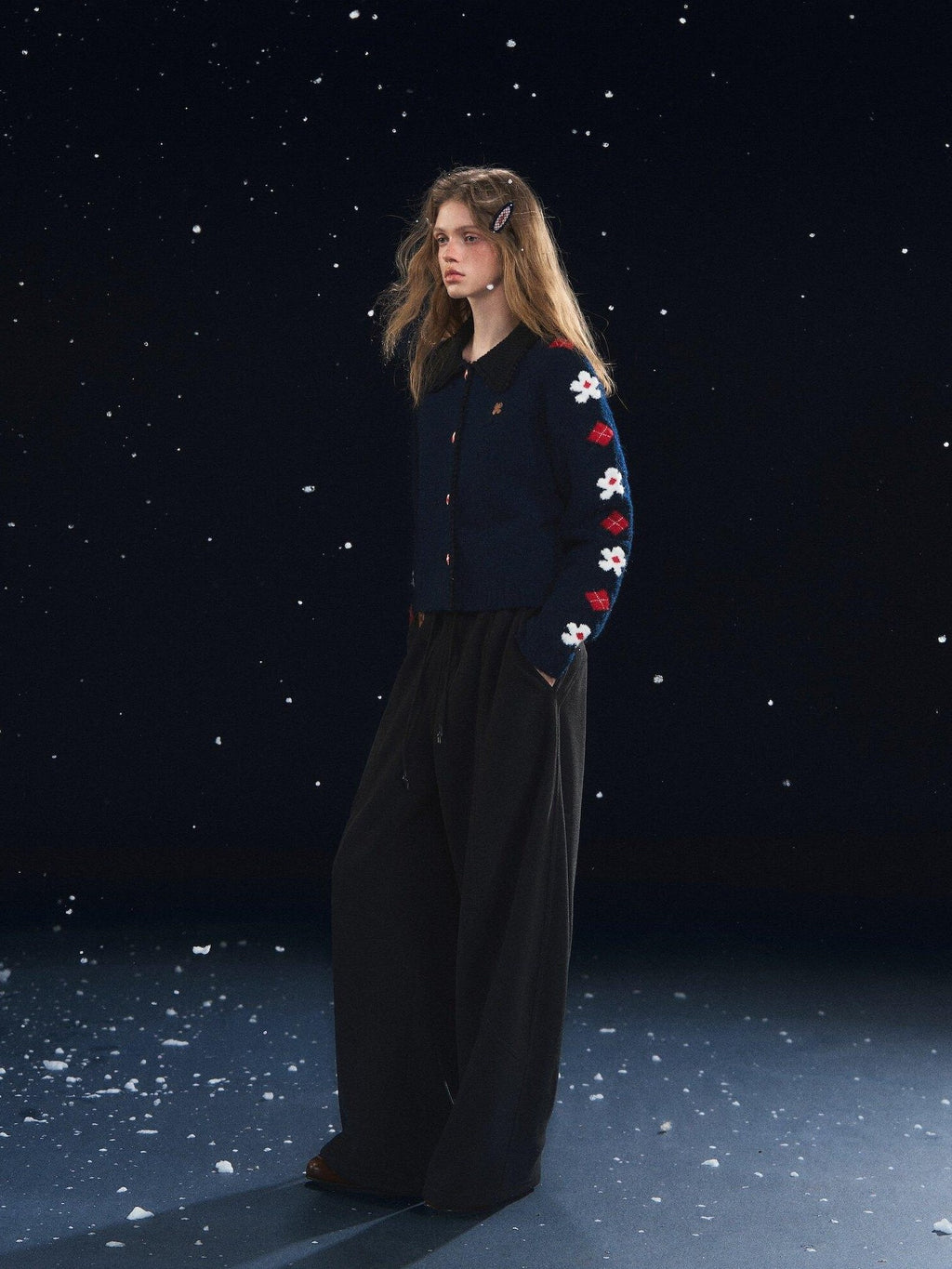 SOMESOWE Floral Embroidered Vintage Lapel Button Navy Long Sleeve Casual Women Cardigans