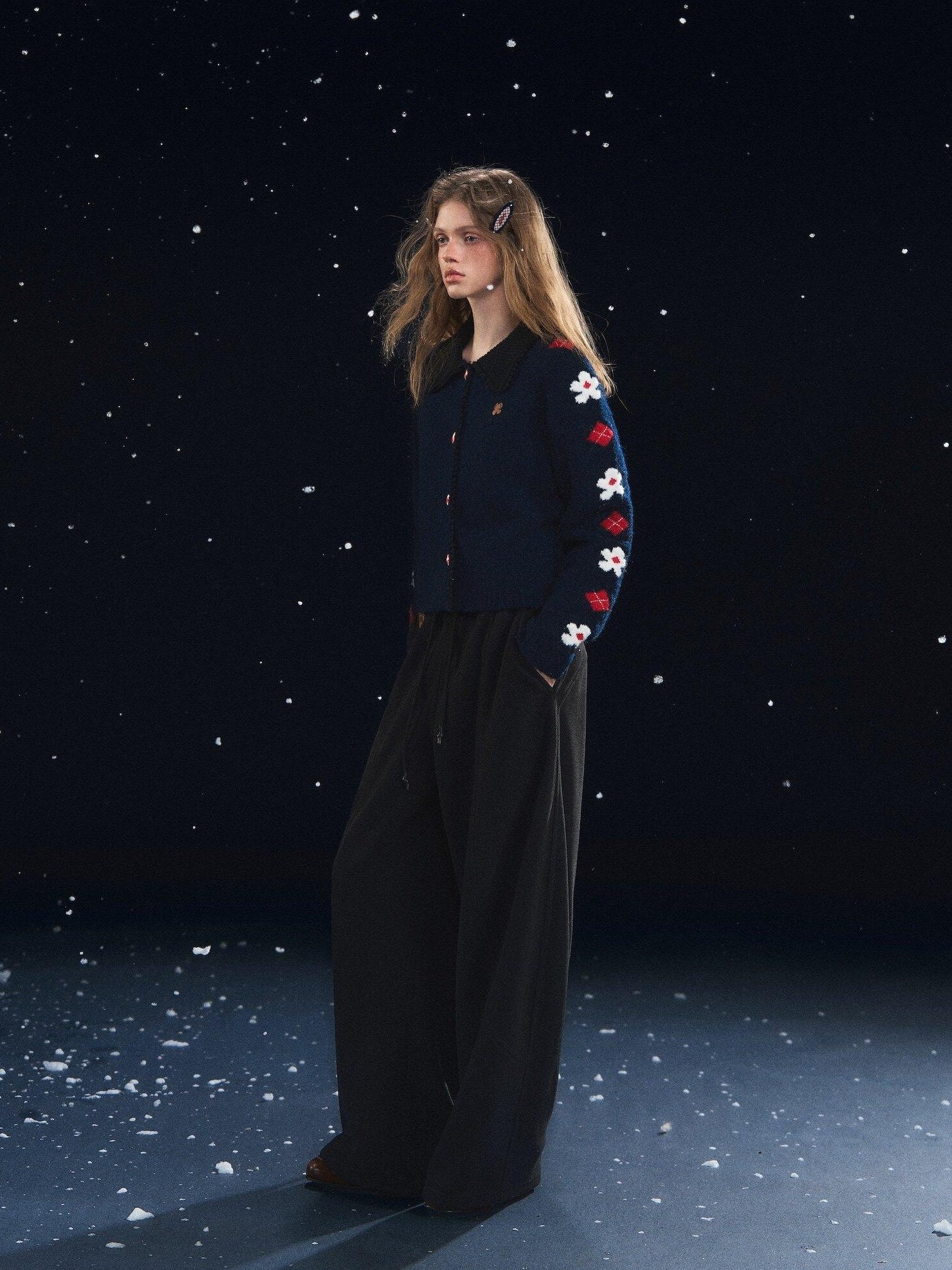 SOMESOWE Floral Embroidered Vintage Lapel Button Navy Long Sleeve Casual Women Cardigans