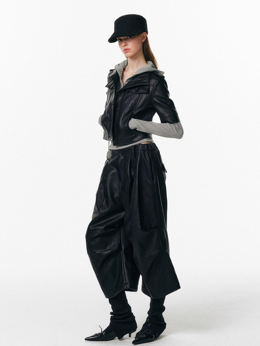 ALINNVSTUDIO Pu Pleated Low Waist Button Fly Irregular Fold Casual Women Black Wide Leg Pants