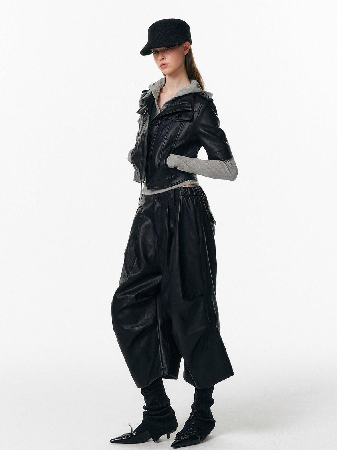 ALINNVSTUDIO Pu Pleated Low Waist Button Fly Irregular Fold Casual Women Black Wide Leg Pants