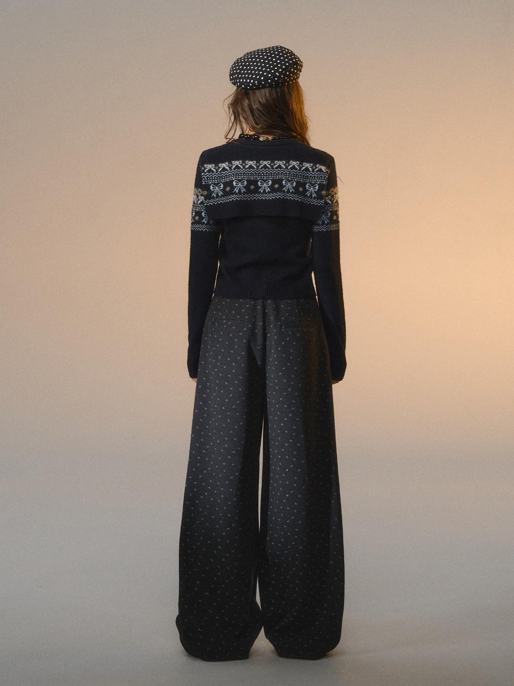 SOMESOWE Minimal Commuter V-neck Button Bow Detail Layered Look Women Navy Knit Cardigans