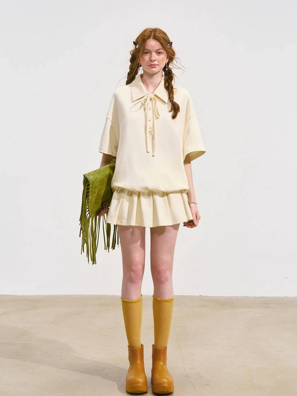 SOMESOWE Cotton Blend Minimal Tie A Line Tee Office Beige Mini Dresses