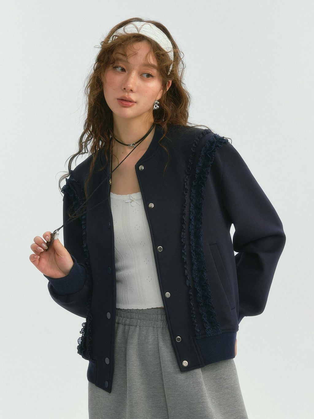 SOMESOWE Lace Trim Loose Fit Commuter Women Button Closure Navy Gray Bomber Jackets